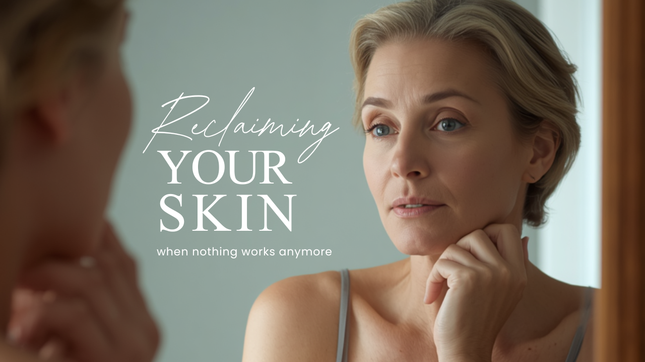 Menopause skin survival guide header showing skincare products for mature dry skin