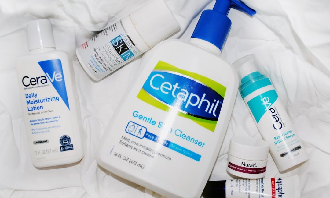 a bottle of cetaphil, a tube of deodorant,